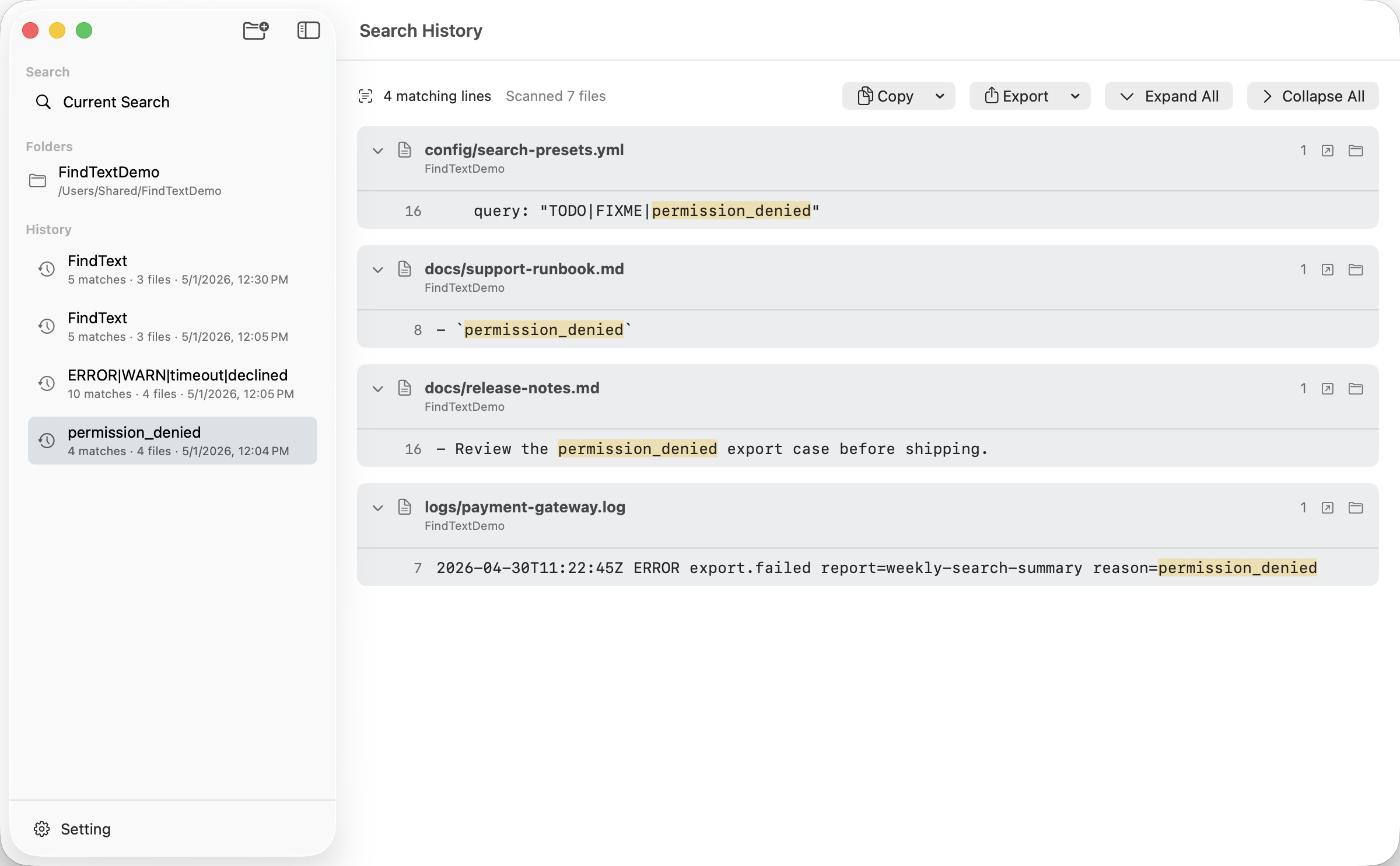 FindText PRO plain text search results with highlighted matches