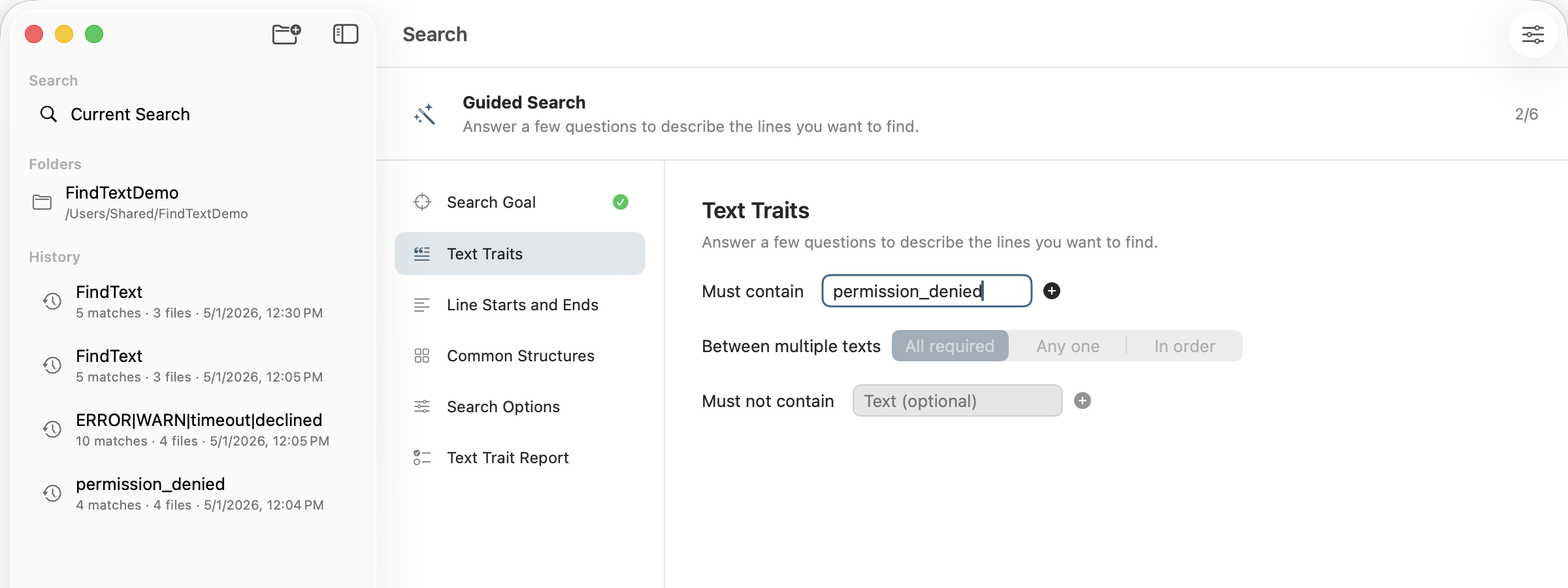 FindText PRO Guided Search asking questions for a local file search
